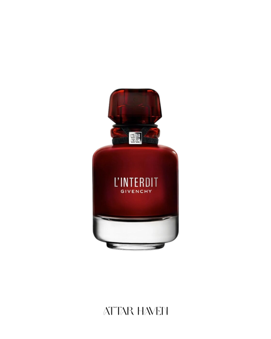 A bottle of Givenchy L'Interdit perfume with a deep red translucent body and cap, set against a plain white background with 'ATTAR HAVEN' printed below.